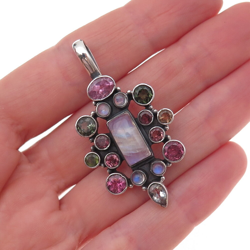 925 Sterling Silver Vintage Real Moonstone & Multi-Color Tourmaline Pendant
